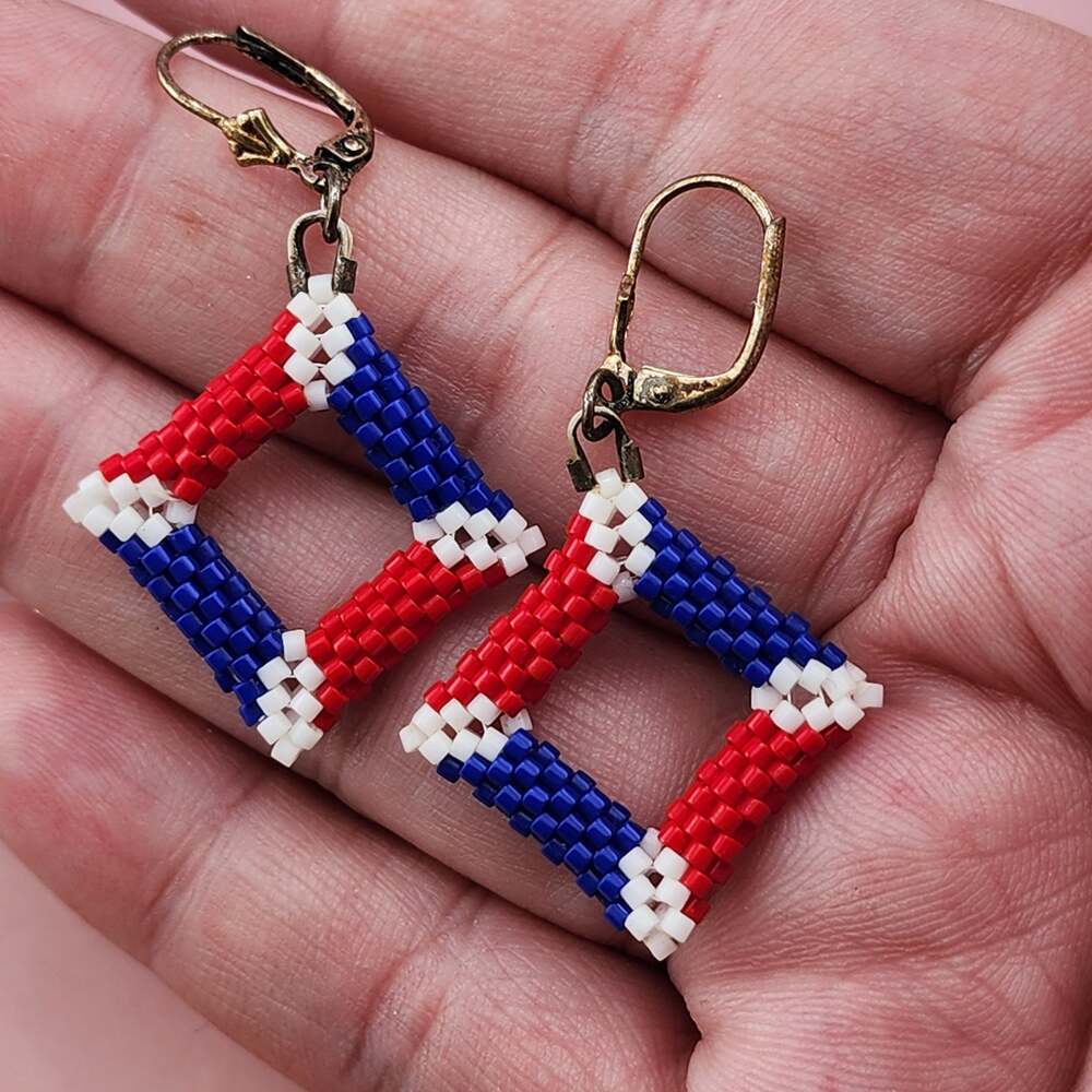 Red White Blue Seed Bead Square Drop Earrings Geometric Patriotic Leverback